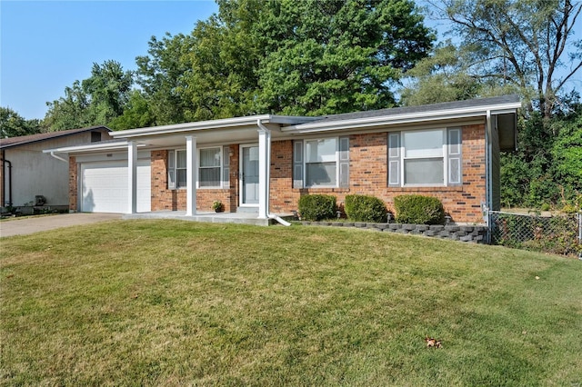 ranch-style house featuring an attached garage, concrete driveway, and brick siding