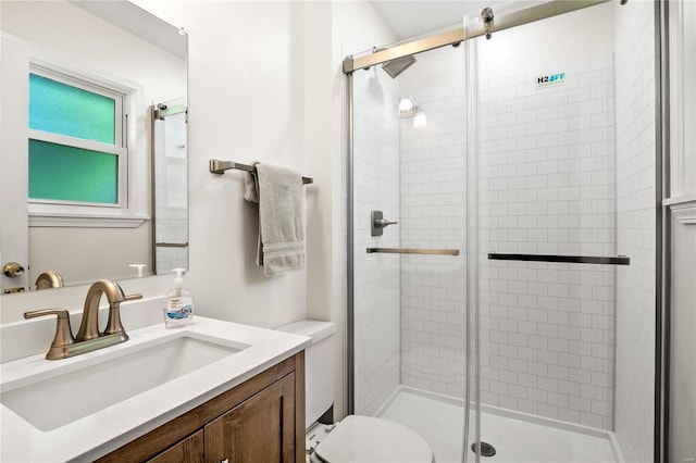 full bathroom featuring a shower stall, toilet, and vanity