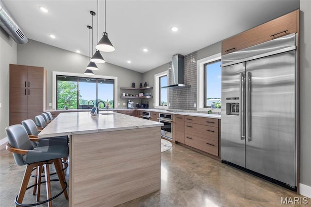 173 Tate Rdg, Cape Girardeau, MO 63701 - kitchen featuring stainless steel appliances, wall chimney range hood, finished concrete flooring, modern cabinets, and vaulted ceiling