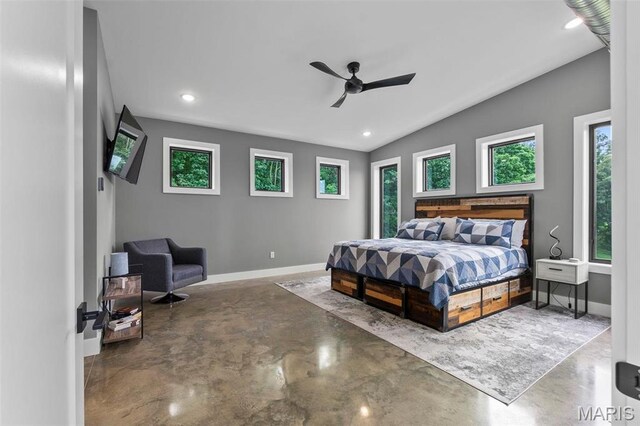 173 Tate Rdg, Cape Girardeau, MO 63701 - bedroom with finished concrete floors, recessed lighting, a ceiling fan, and lofted ceiling