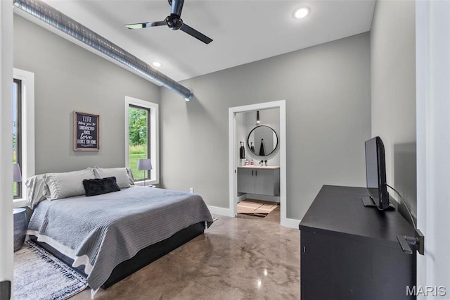 173 Tate Rdg, Cape Girardeau, MO 63701 - bedroom with concrete floors, connected bathroom, recessed lighting, and a ceiling fan