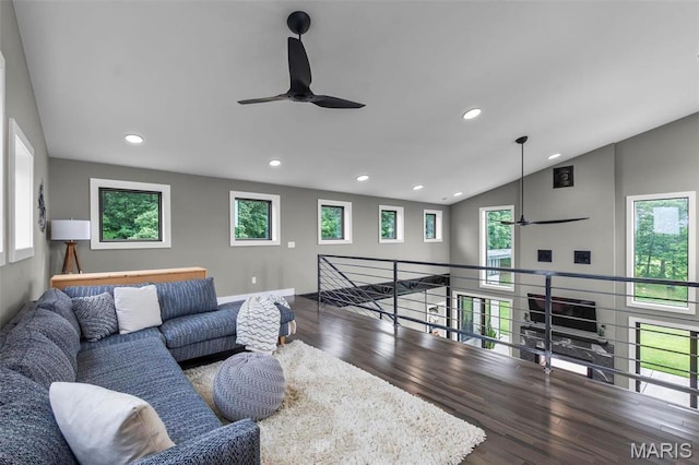 173 Tate Rdg, Cape Girardeau, MO 63701 - living room with a ceiling fan, wood finished floors, recessed lighting, and vaulted ceiling