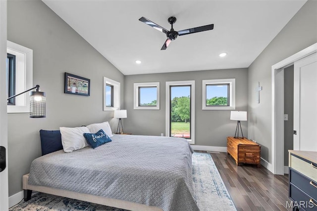 173 Tate Rdg, Cape Girardeau, MO 63701 - bedroom featuring dark wood-type flooring, a ceiling fan, recessed lighting, and lofted ceiling
