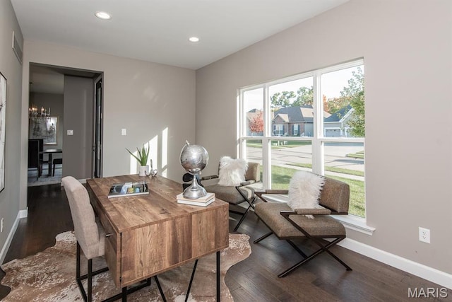 2708 Brook Hill Ln, Saint Charles, MO 63303 - home office featuring dark wood-style floors, a chandelier, baseboards, and recessed lighting