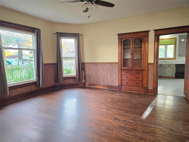 empty room with wainscoting, a ceiling fan, wood finished floors, healthy amount of natural light, and a sink