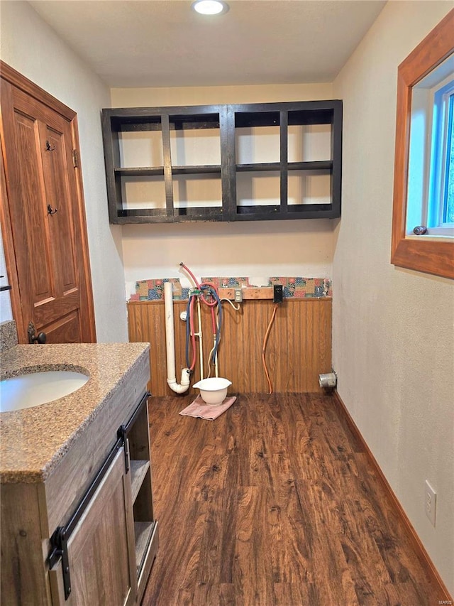bathroom with wood finished floors and vanity