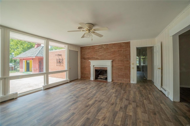 400 W W, New London, MO 63459 - unfurnished living room with a ceiling fan, a baseboard radiator, wood finished floors, and a fireplace with flush hearth