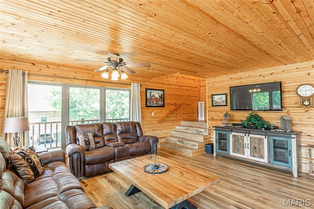 1901 River Valley Rd, Doniphan, MO 63935 - living room with wood ceiling, wood finished floors, ceiling fan, and wood walls