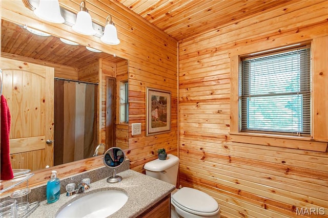 1901 River Valley Rd, Doniphan, MO 63935 - bathroom featuring vanity, toilet, wooden walls, curtained shower, and wooden ceiling