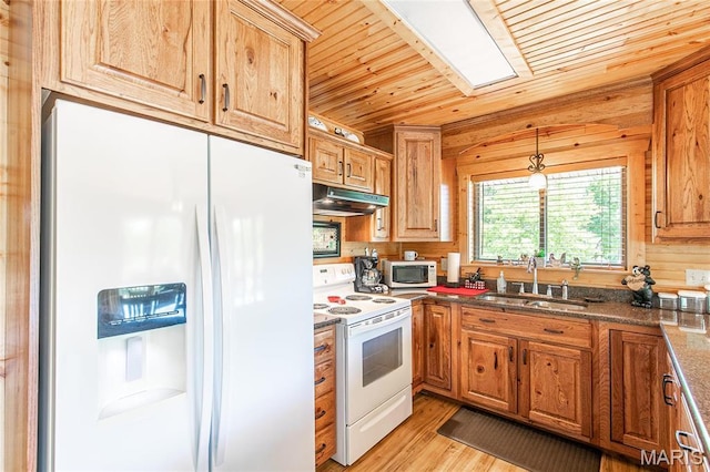 1901 River Valley Rd, Doniphan, MO 63935 - kitchen featuring white appliances, a sink, wood ceiling, under cabinet range hood, and light wood-type flooring