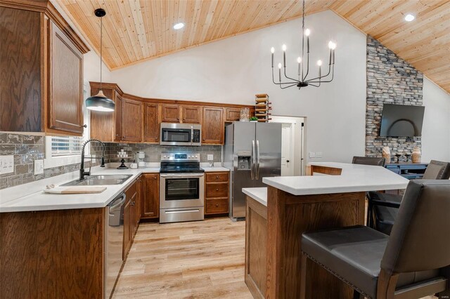 347 Big Trout Trl, Mammoth Spring, AR 72554 - kitchen with stainless steel appliances, wood ceiling, a sink, light wood-style flooring, and light countertops