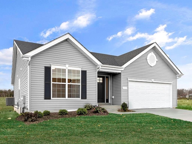 106 Harrow Dr, Ofallon, MO 63385 - ranch-style house featuring a garage, concrete driveway, a front lawn, and central AC unit
