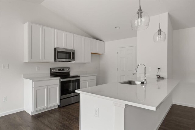 106 Harrow Dr, Ofallon, MO 63385 - kitchen with appliances with stainless steel finishes, lofted ceiling, a sink, a peninsula, and dark wood finished floors