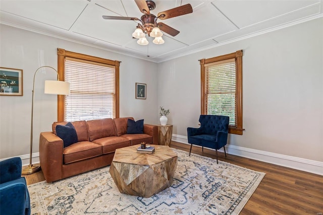 371 Jefferson St, Saint Genevieve, MO 63670 - living room with ceiling fan, wood finished floors, baseboards, and ornamental molding