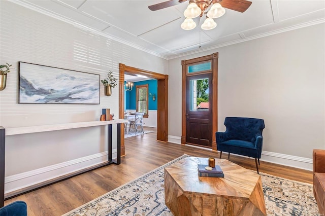 371 Jefferson St, Saint Genevieve, MO 63670 - living room featuring wood finished floors, ceiling fan, baseboards, attic access, and ornamental molding