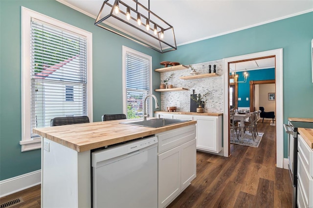 371 Jefferson St, Saint Genevieve, MO 63670 - kitchen with dishwasher, a sink, butcher block countertops, electric stove, and a chandelier