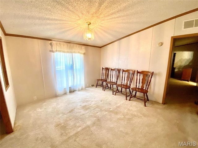 610 N Caldwell St, Middletown, MO 63359 - living area with ornamental molding, carpet, and a textured ceiling