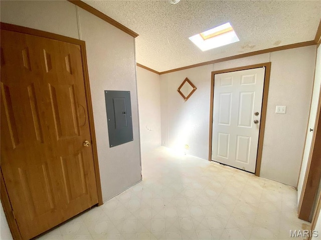 610 N Caldwell St, Middletown, MO 63359 - hall with light flooring, electric panel, ornamental molding, a textured ceiling, and a skylight