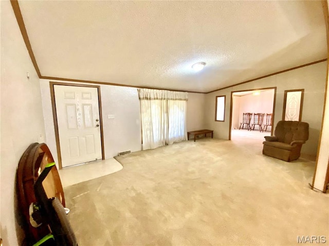 610 N Caldwell St, Middletown, MO 63359 - carpeted living area with crown molding, lofted ceiling, and a textured ceiling