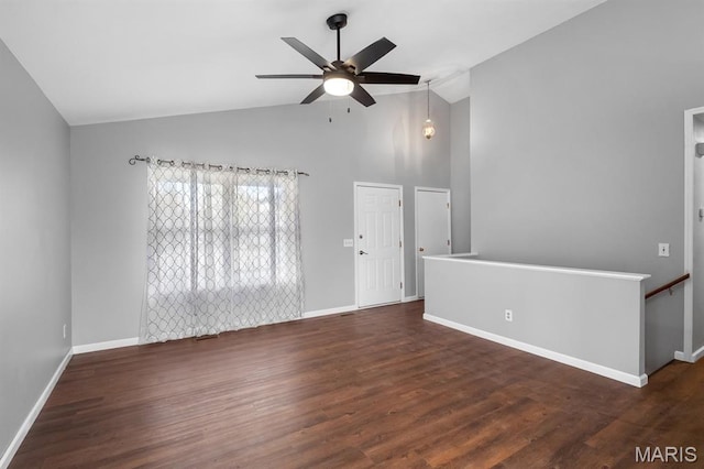 111 Aspencade Cir, Saint Peters, MO 63376 - unfurnished living room featuring a ceiling fan, baseboards, wood finished floors, and high vaulted ceiling