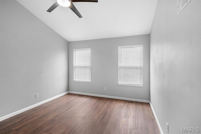 111 Aspencade Cir, Saint Peters, MO 63376 - empty room featuring a ceiling fan, vaulted ceiling, baseboards, and wood finished floors