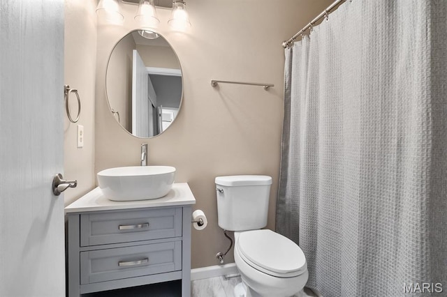 111 Aspencade Cir, Saint Peters, MO 63376 - bathroom featuring vanity, marble finish flooring, toilet, a shower with curtain, and baseboards