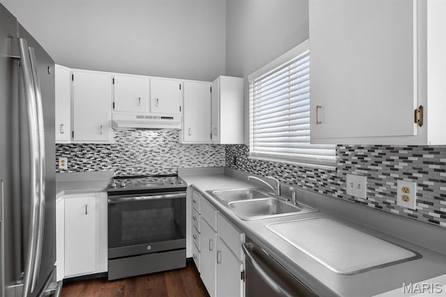 111 Aspencade Cir, Saint Peters, MO 63376 - kitchen featuring stainless steel appliances, under cabinet range hood, a sink, backsplash, and light countertops