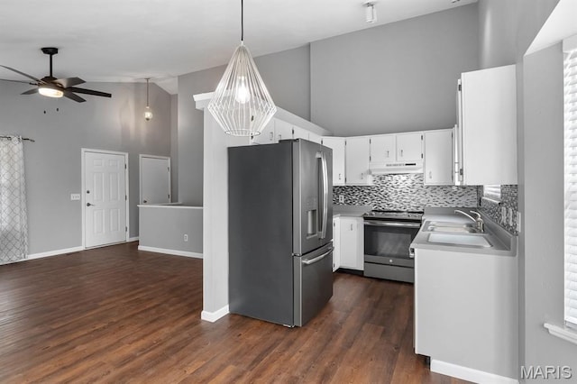 111 Aspencade Cir, Saint Peters, MO 63376 - kitchen featuring stainless steel appliances, high vaulted ceiling, under cabinet range hood, ceiling fan, and white cabinetry
