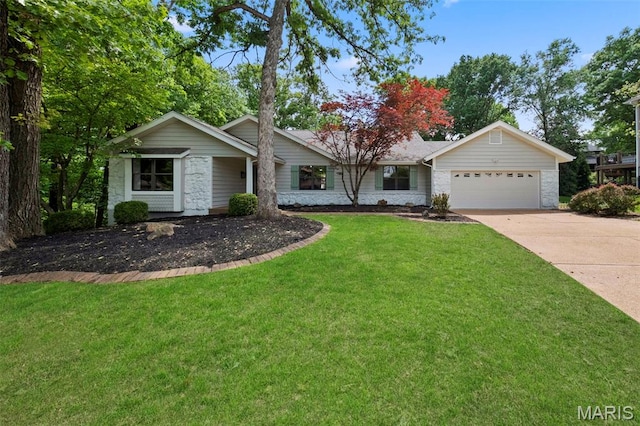 6 Freedom Way, Saint Charles, MO 63303 - view of front of property with an attached garage, driveway, a front yard, and stone siding