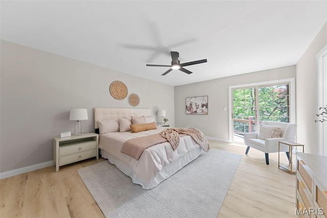 6 Freedom Way, Saint Charles, MO 63303 - bedroom with light wood finished floors, baseboards, access to exterior, and a ceiling fan