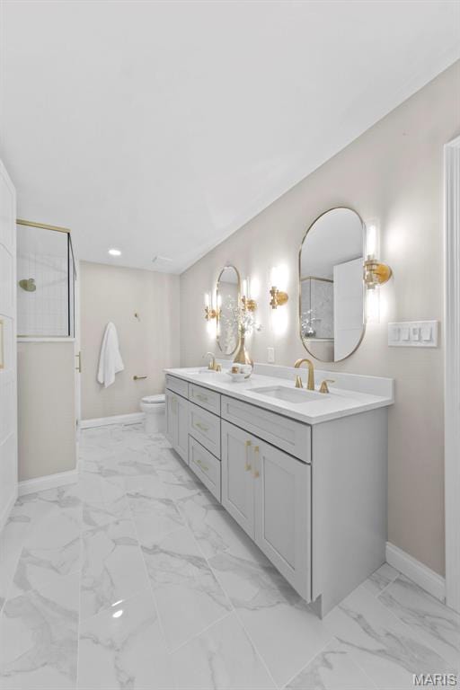 6 Freedom Way, Saint Charles, MO 63303 - full bath with baseboards, marble finish flooring, double vanity, toilet, and recessed lighting