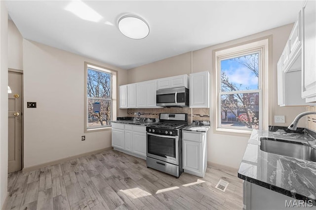 2901 Magnolia Ave, Saint Louis, MO 63118 - kitchen featuring stainless steel appliances, a sink, white cabinetry, dark stone countertops, and decorative backsplash