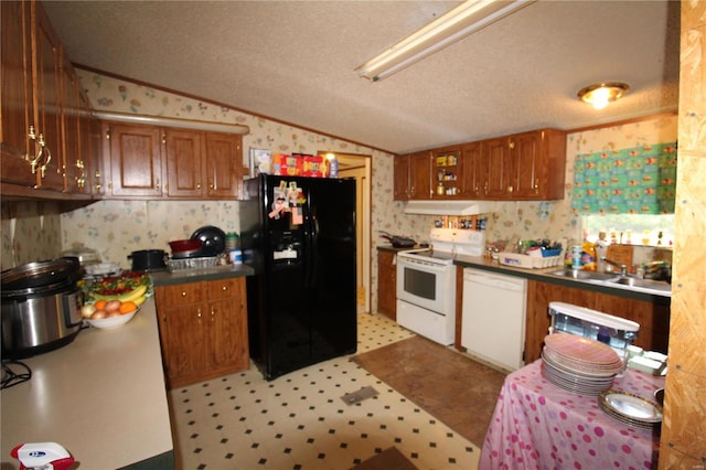12433 State Route 101, Caulfield, MO 65626 - kitchen with white appliances, wallpapered walls, brown cabinetry, light flooring, and a sink
