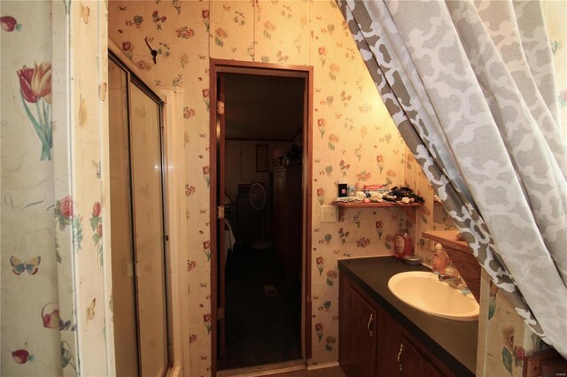 12433 State Route 101, Caulfield, MO 65626 - full bathroom featuring wallpapered walls, vanity, and a shower with shower door