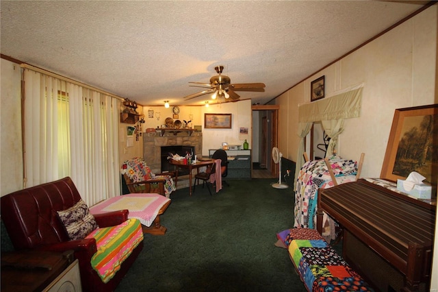 12433 State Route 101, Caulfield, MO 65626 - carpeted living area with a ceiling fan, a textured ceiling, and a stone fireplace