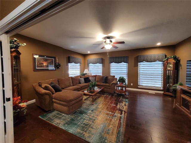 10359 Bounds Rd, Shipman, IL 62685 - living room with ceiling fan, hardwood / wood-style flooring, baseboards, and recessed lighting