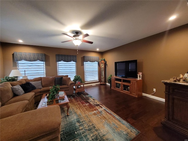 10359 Bounds Rd, Shipman, IL 62685 - living area featuring dark wood-type flooring, ceiling fan, plenty of natural light, baseboards, and recessed lighting