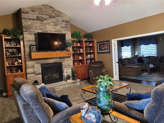10359 Bounds Rd, Shipman, IL 62685 - living room featuring lofted ceiling, a fireplace, and carpet floors