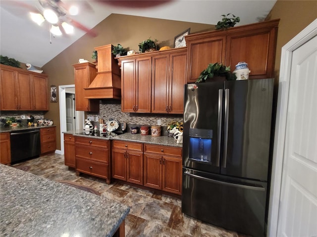 10359 Bounds Rd, Shipman, IL 62685 - kitchen featuring black appliances, vaulted ceiling, a ceiling fan, and brown cabinets