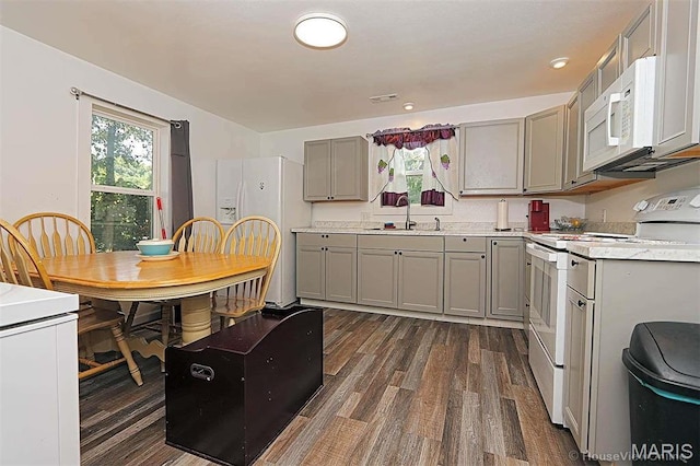 1439 N Spanish St, Cape Girardeau, MO 63701 - kitchen featuring white appliances, gray cabinetry, light countertops, dark wood-style floors, and a sink