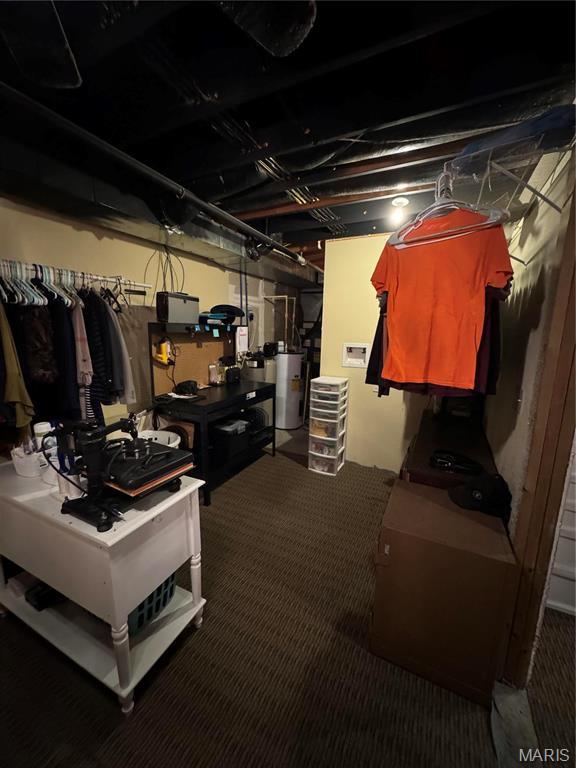 unfinished below grade area featuring carpet and water heater