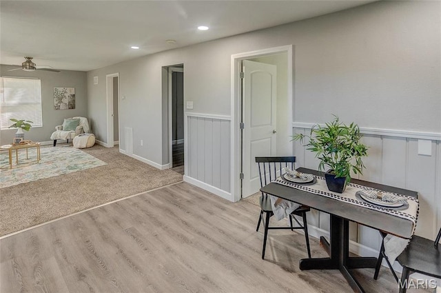 8546 US Highway 50, Lebanon, IL 62254 - interior space featuring a ceiling fan, wainscoting, recessed lighting, and light wood-style floors