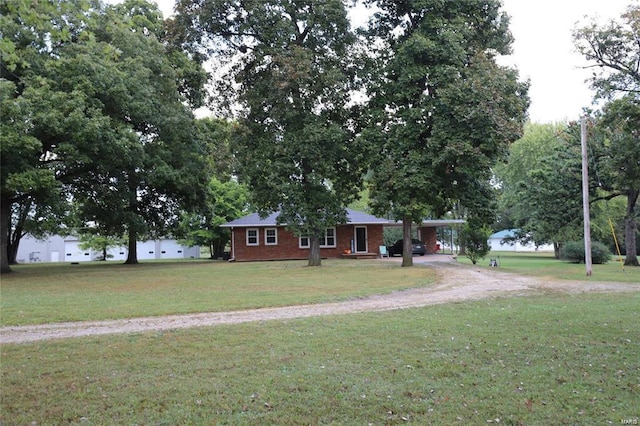 1155 E Karsch Blvd, Farmington, MO 63640 - ranch-style home featuring a front lawn, dirt driveway, an attached carport, and brick siding