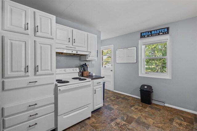 1155 E Karsch Blvd, Farmington, MO 63640 - kitchen featuring white range with electric stovetop, under cabinet range hood, baseboards, and white cabinets