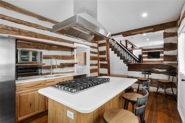 1137 Main St, Maeystown, IL 62256 - kitchen featuring island exhaust hood, a sink, stainless steel appliances, open shelves, and light countertops