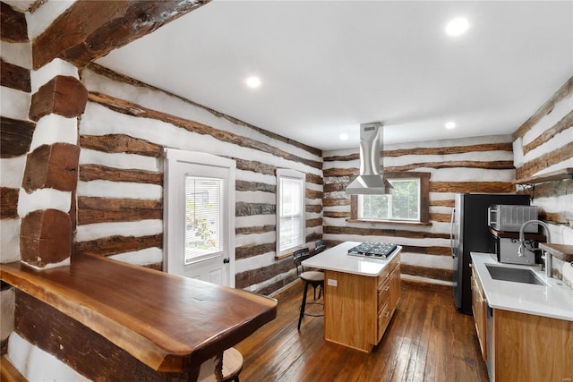 1137 Main St, Maeystown, IL 62256 - kitchen with a sink, island exhaust hood, stainless steel appliances, a kitchen island, and light countertops