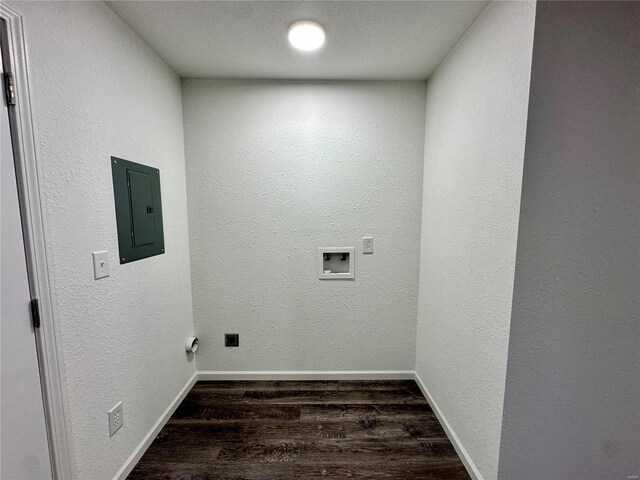 211 Mill St, Houston, MO 65483 - laundry room with electric panel, dark wood-style flooring, washer hookup, and baseboards