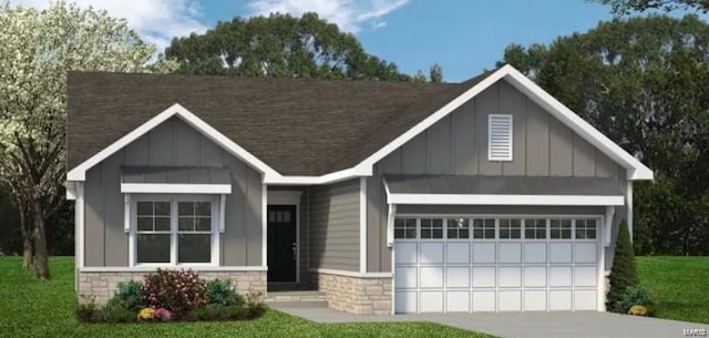craftsman inspired home with stone siding, board and batten siding, and an attached garage