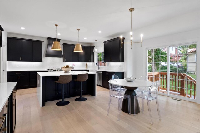2017 Woodsey Dr, Brentwood, MO 63144 - kitchen with custom range hood, dark cabinets, appliances with stainless steel finishes, a kitchen island, and backsplash