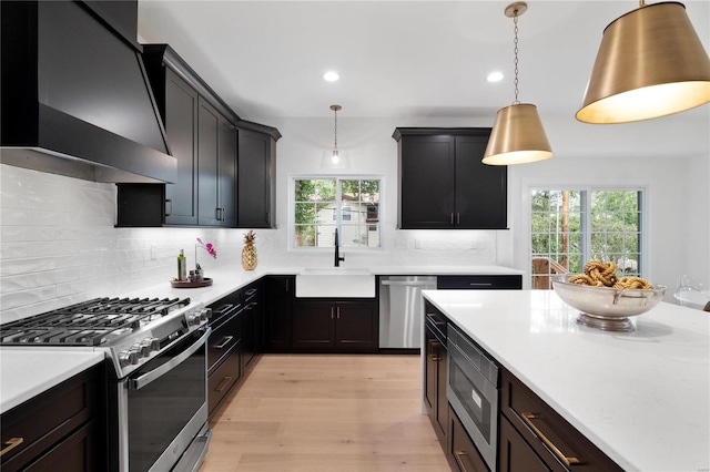 2017 Woodsey Dr, Brentwood, MO 63144 - kitchen featuring stainless steel appliances, premium range hood, a sink, light wood finished floors, and backsplash